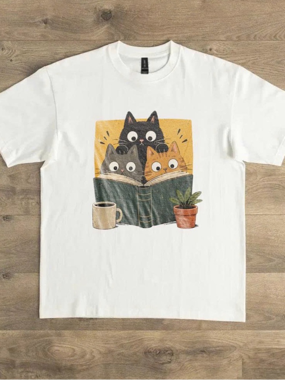 Gildan White Tee with Three Cats Reading Graphic